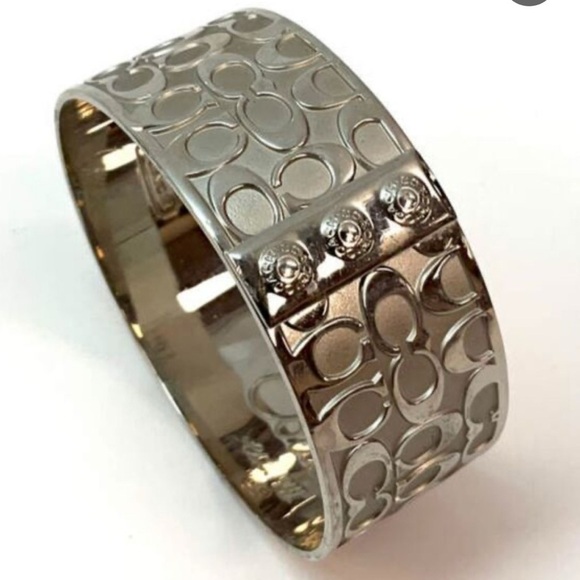 Coach Signatures Logo Silver Bangle Bracelet. Dustbag. 1” wide. 2.5” diameter - Picture 1 of 4